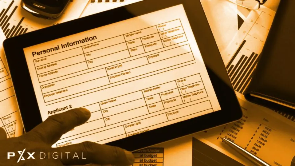 A long personal information form with dozens of fields shown on a tablet screen