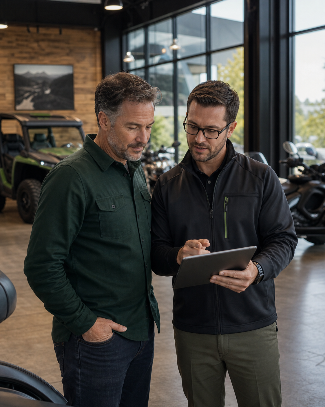 Dealership leader and platform specialist reviewing dealership performance in a powersports showroom
